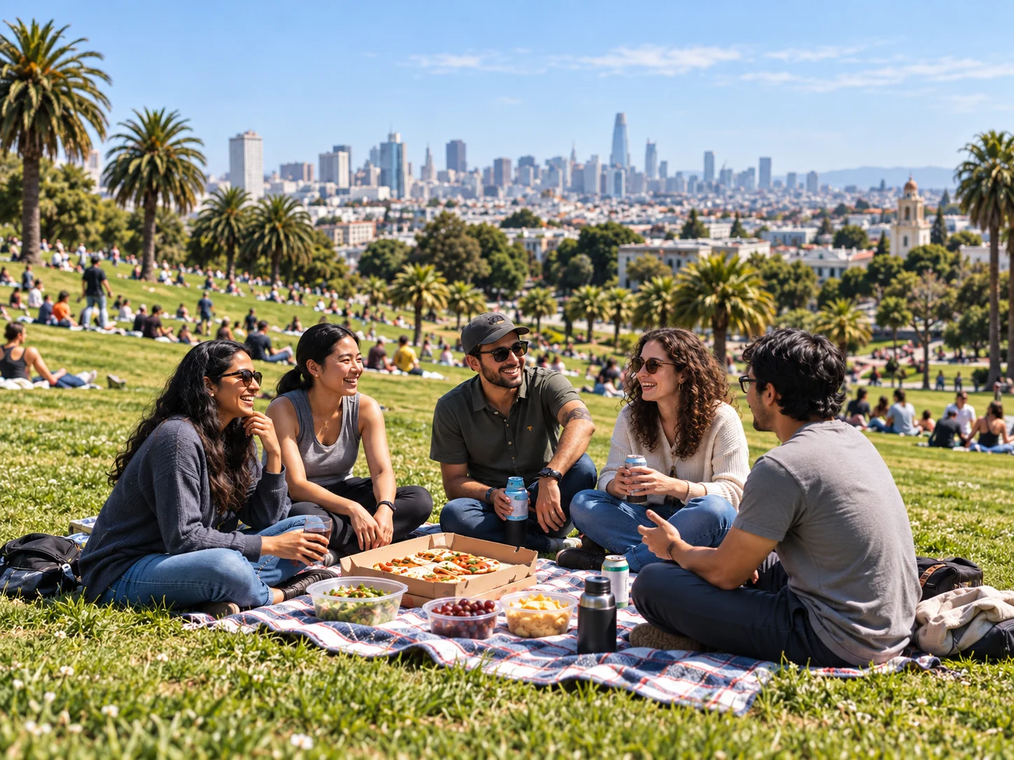 AI-generated illustration of five adults enjoying a sunny picnic in a San Francisco park