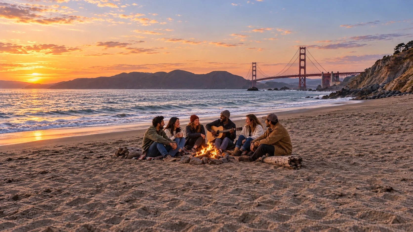Six friends around a San Francisco beach bonfire, with a guitar, a mug, and the Golden Gate Bridge in the background