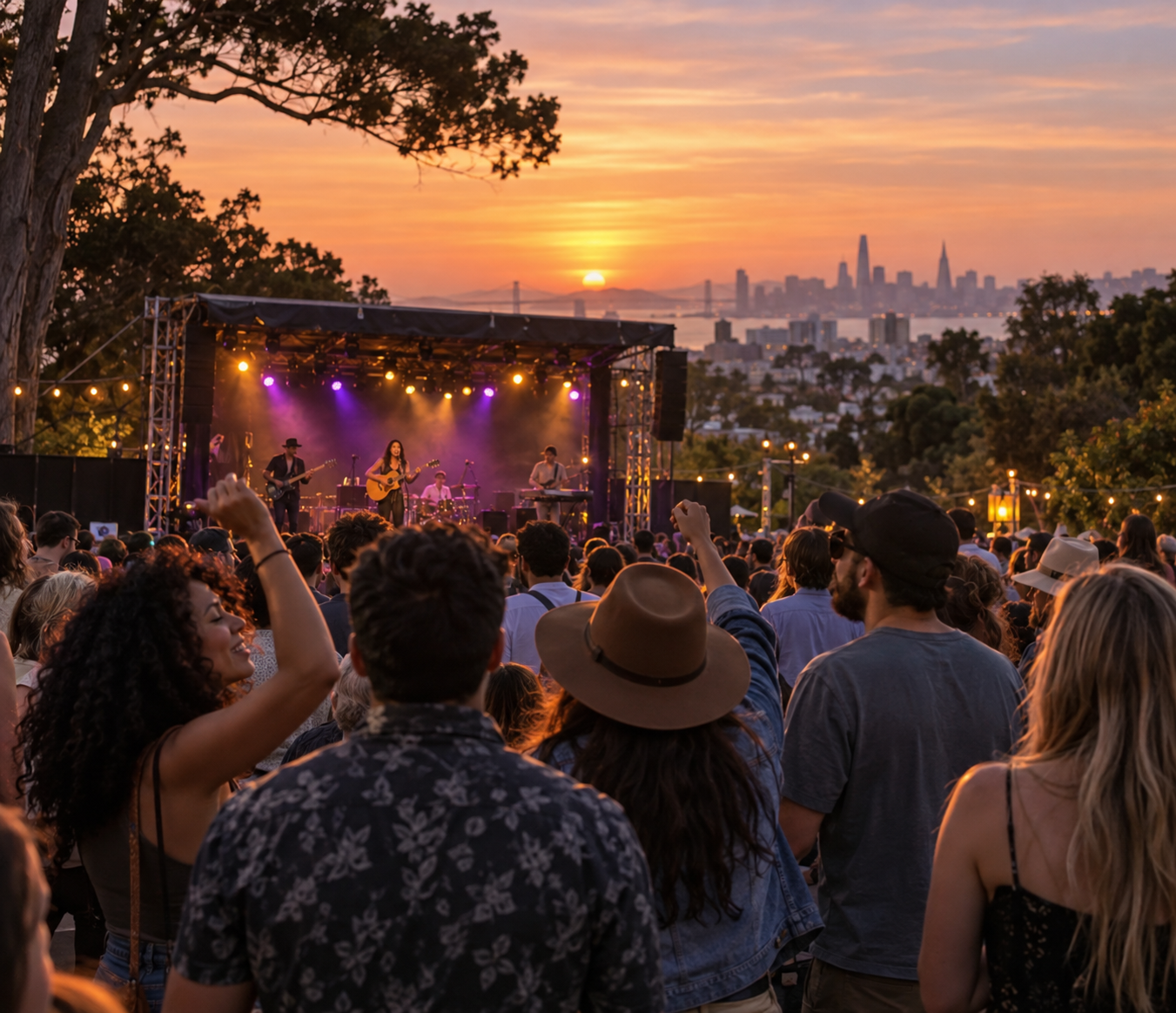 A diverse crowd enjoying outdoor live music