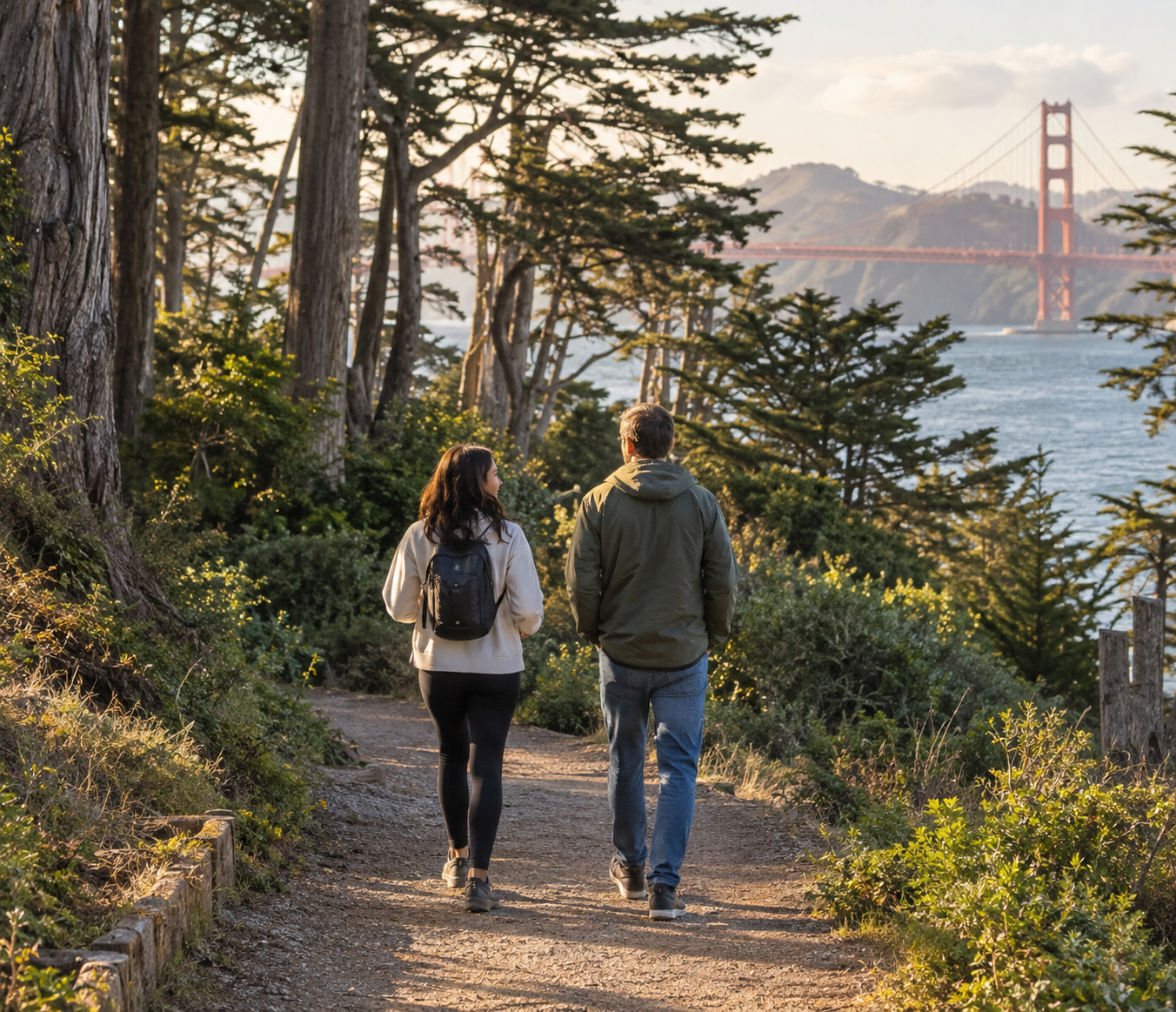Friends on a quiet wooded Presidio trail
